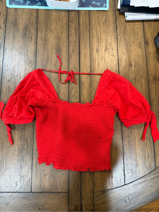 Lily Star Tops - Lily Star Red Smocked Puff-Sleeve Tie-Back Crop Top 100% cotton